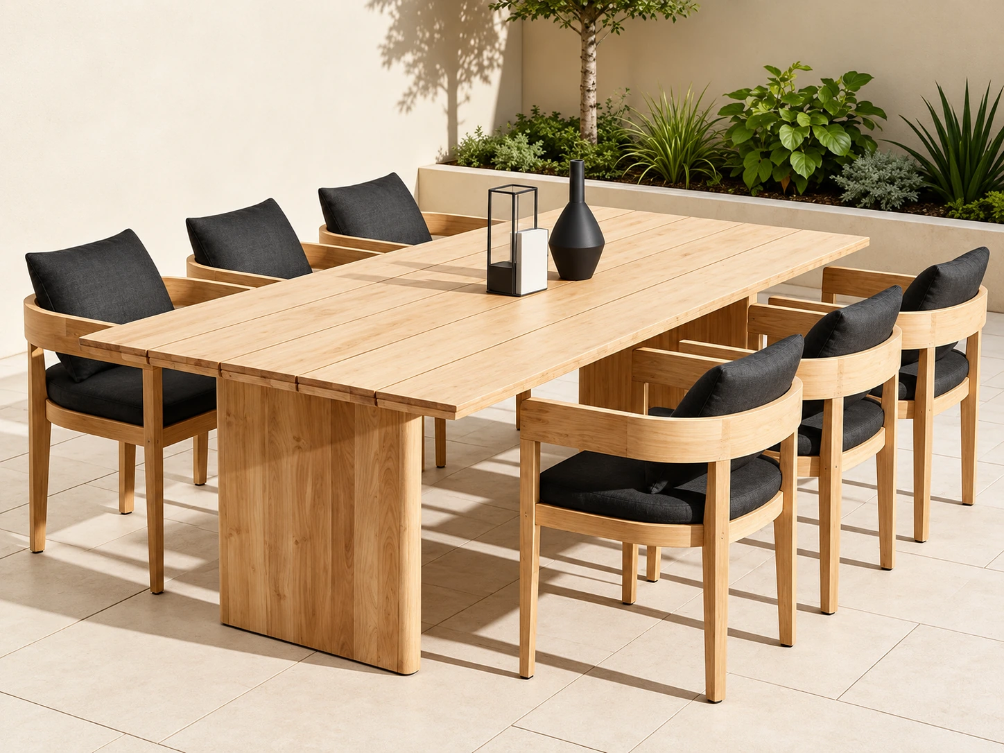 Wood-tone rectangular dining table and six matching armchairs with dark cushions