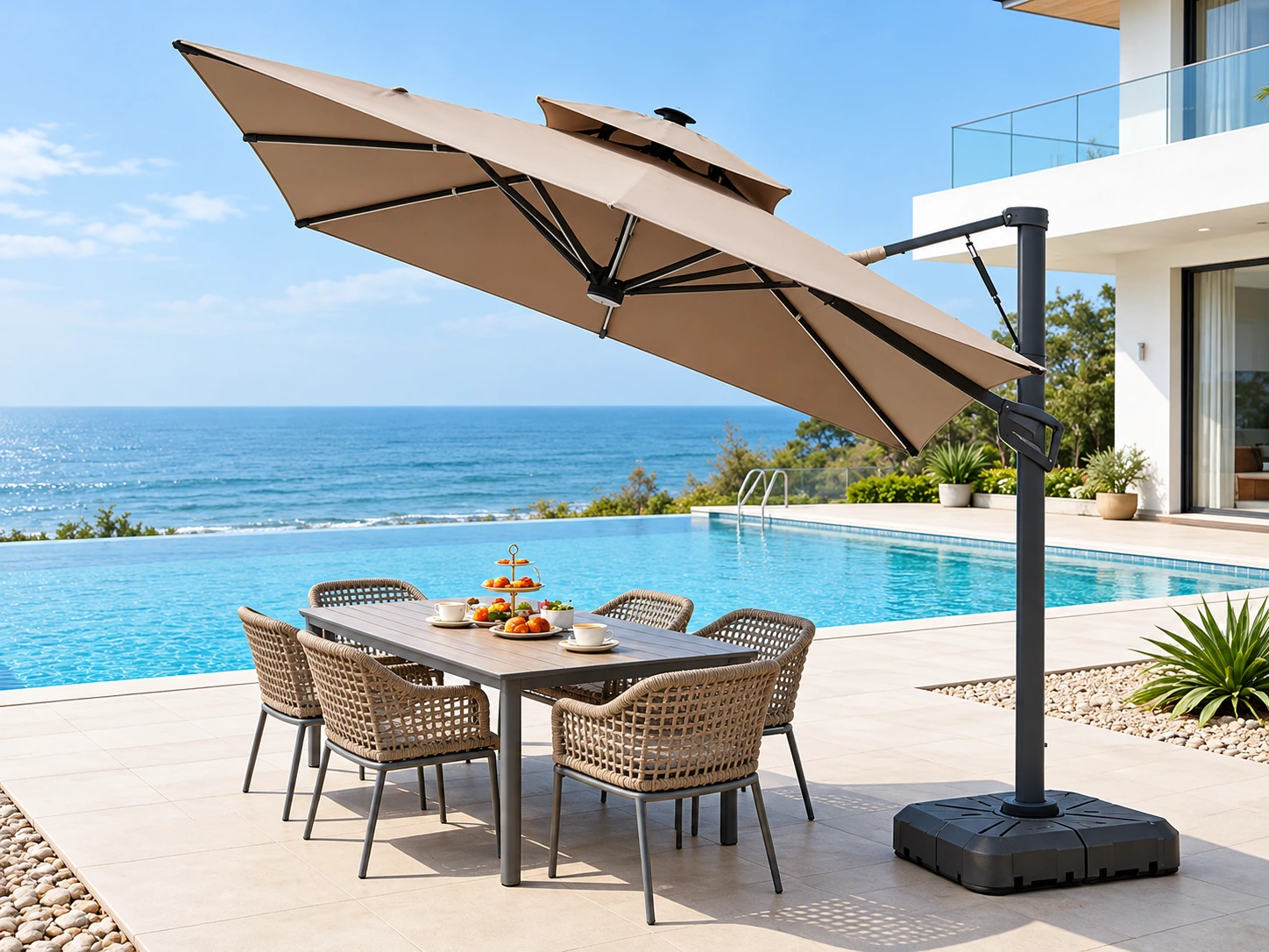 Tilted taupe cantilever parasol with an offset mast and weighted base beside a pool